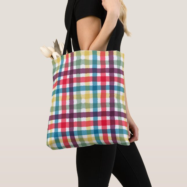 Colorful Whimsical Plaid Watercolor Pattern  Tote Bag (Close Up)
