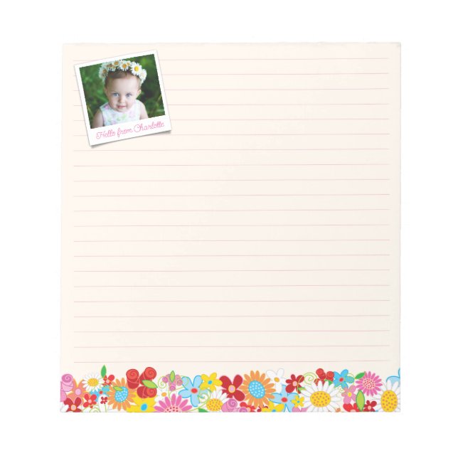 Colorful Whimsical Spring Flowers Garden Photo Notepad (Front)