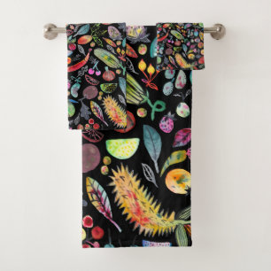 Colorful Whimsical Watercolor Fruits Veggies Black Bath Towel Set