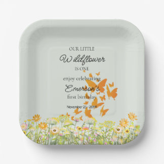 Colorful Wildflower Butterfly 1st Birthday Paper Plate