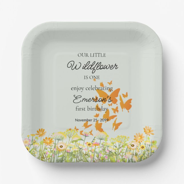 Colorful Wildflower Butterfly 1st Birthday Paper Plate (Front)