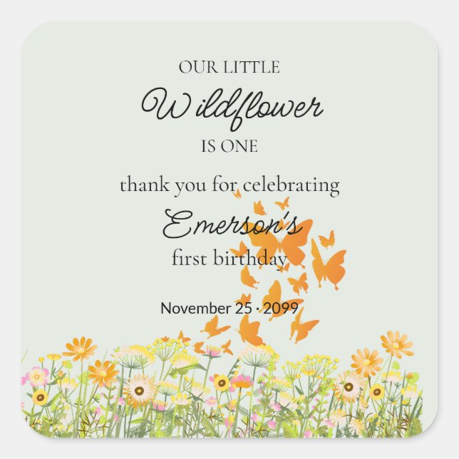 Colorful Wildflower Butterfly 1st Birthday Square Sticker (Front)
