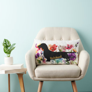 Colorful Wildflowers and Dachsund Silhouette  Lumbar Cushion