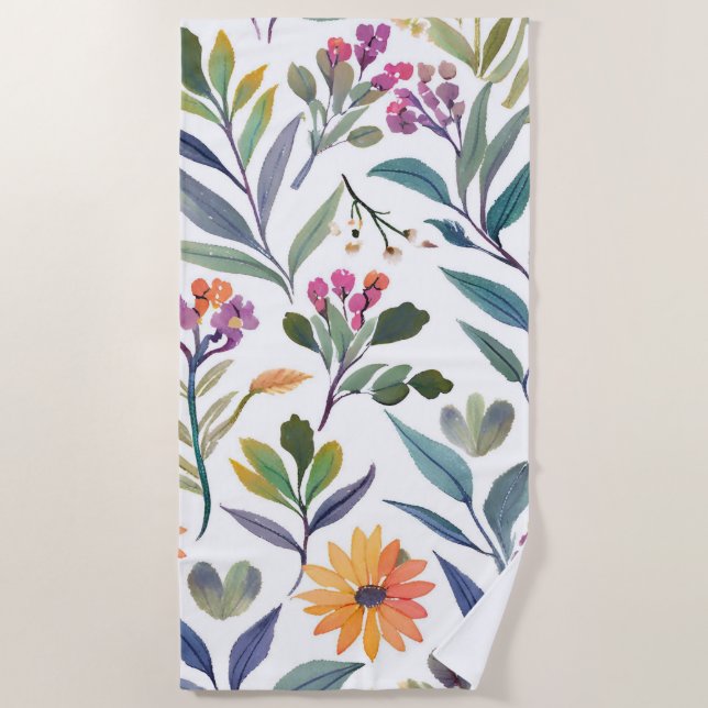 Colorful Wildflowers | Beautiful Floral Watercolor Beach Towel (Front)