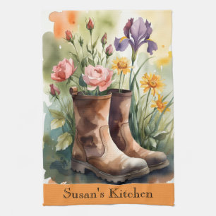 Colorful Wildflowers Gardener Floral Boots Tea Towel