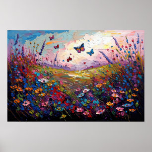 Colorful Wildflowers Meadow with Butterflies Poster