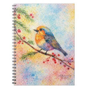 Colorful Winter Songbird on Berry Branch Watercolo Notebook