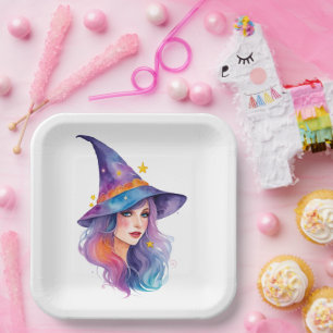 Colorful Witch Drawing Halloween Paper Plate