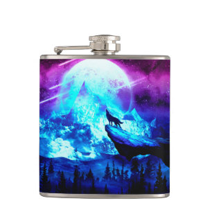 Colorful wolf howling hip flask
