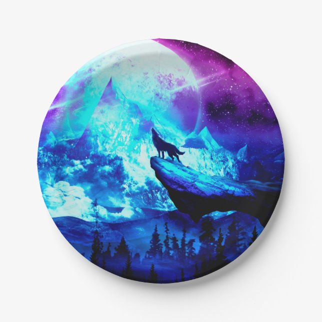 Colorful wolf howling paper plate (Front)