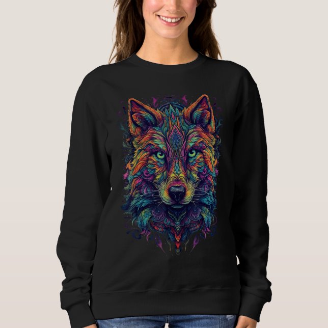 Colorful Wolf Psychedelic Trippy Hippie Men Women  Sweatshirt (Front)