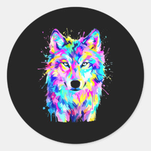 Colorful wolf splash art wildlife animal classic round sticker