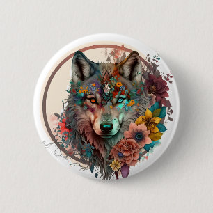 Colorful Wolf With Flowers 6 Cm Round Badge