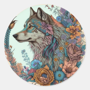 Colorful Wolf With Flowers Classic Round Sticker