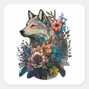 Colorful Wolf With Flowers Square Sticker