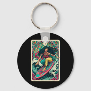 Colorful Woman Wave Surfer Tarot Card Artistic Sea Key Ring