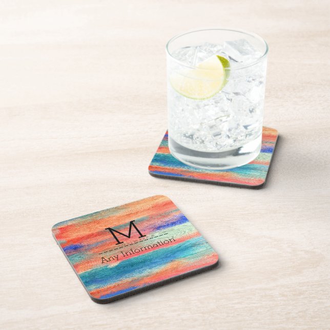 Colorful Wood Grain Texture Monogram Coaster (Right Side)