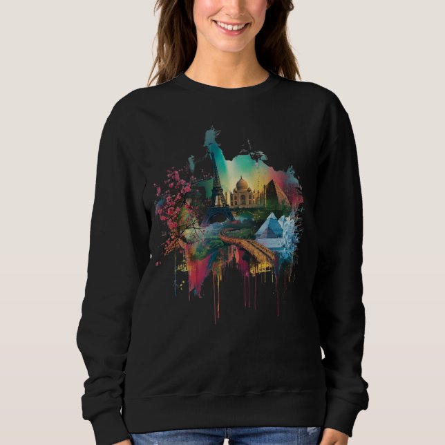 Colorful World Landmarks Collage Poster Sweatshirt (Front)