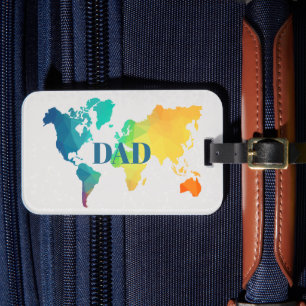 Colorful World Map DAD Custom Monogram Name Luggage Tag