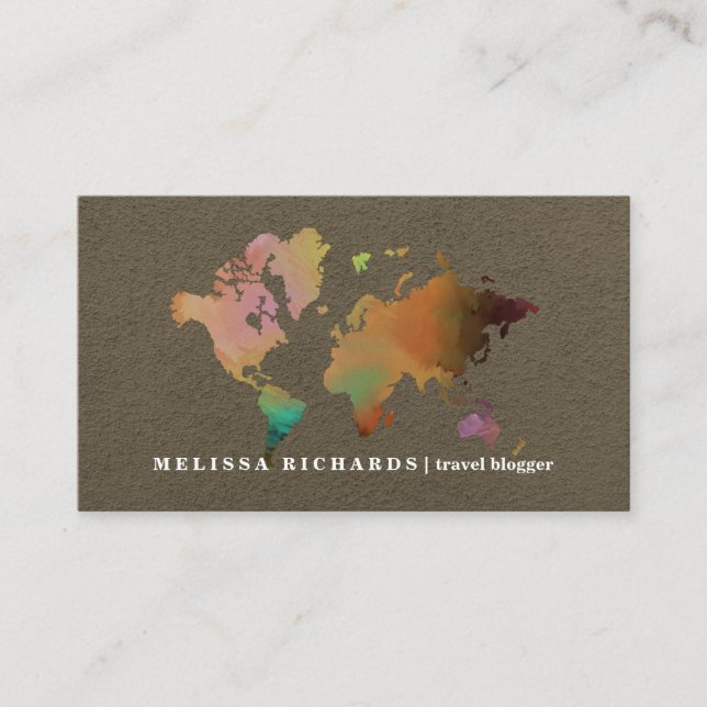 Colorful World Map Travel  Blog Business Card (Front)
