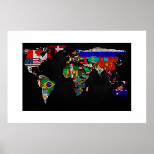 COLORFUL WORLD MAP WITH FLAGS POSTER