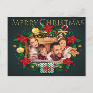 Colorful Wreath Frame Gold Merry Christmas Photo Holiday Postcard