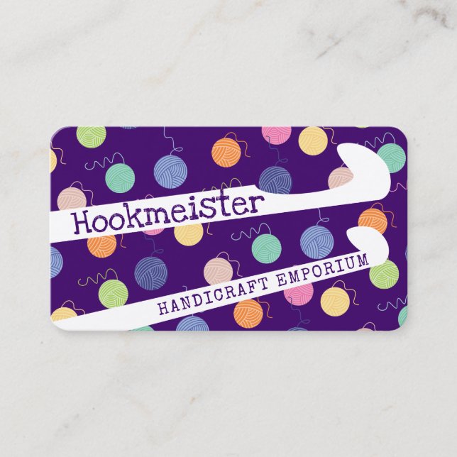 Colorful yarn balls crochet hooks crafter business card (Front)
