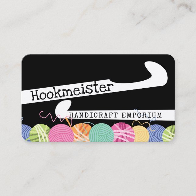 Colorful yarn balls crochet hooks crafter business card (Front)