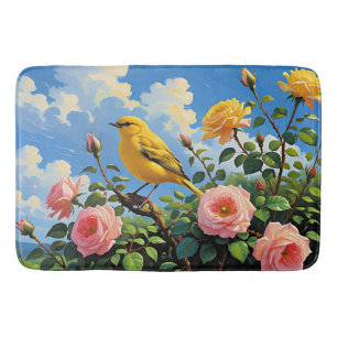 Colorful yellow bird and pretty pink roses bath mat