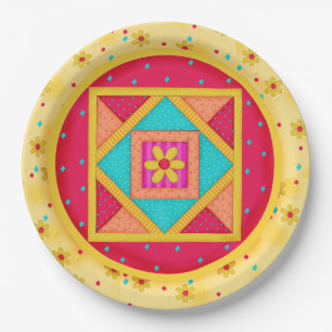 Colorful Yellow Red Quilt Art Design Pattern Paper Plate
