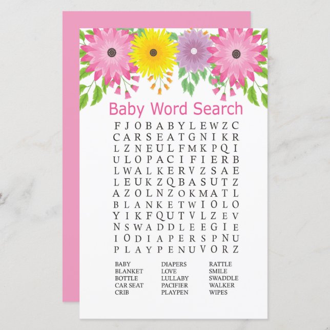 Colorfull flowers Baby Shower Word Search Game (Front/Back)