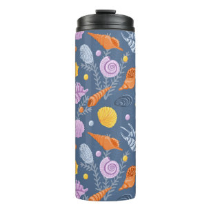 Colorfull seashells and algaes on blue thermal tumbler