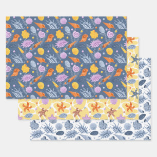 Colorfull seashells and algaes wrapping paper sheet