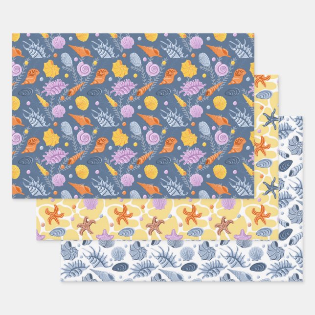 Colorfull seashells and algaes wrapping paper sheet (Set)