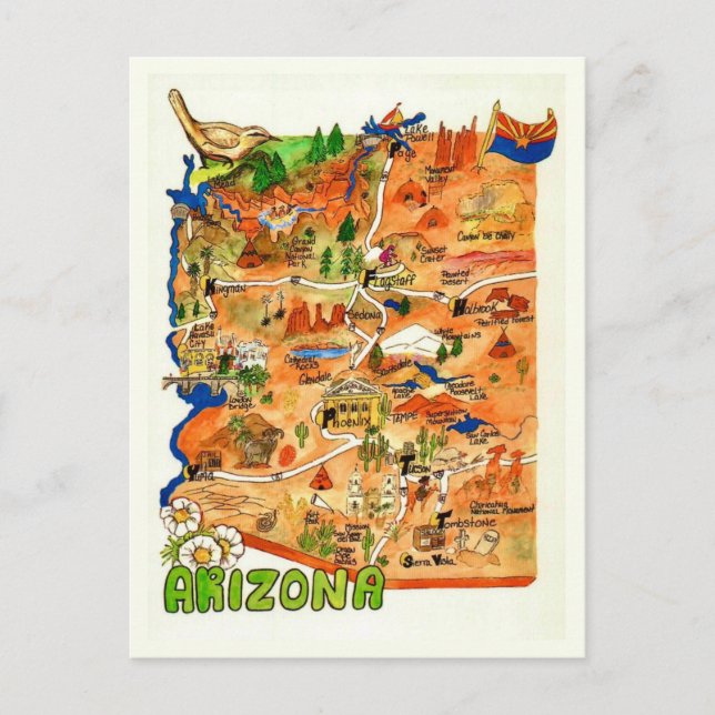 Colorfully Illustrated Arizona Map Postcard (Front)