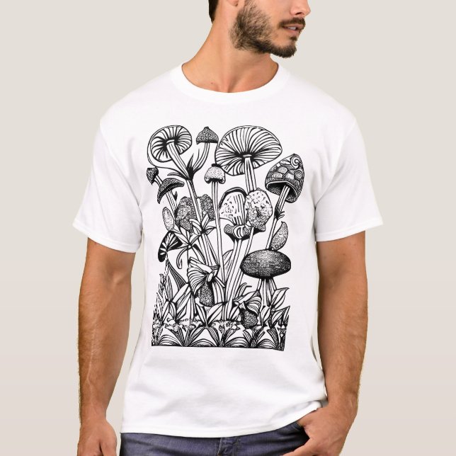 Coloring Floral and Mushroom Illustration T-Shirt (Front)
