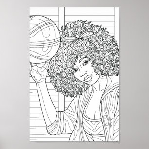 Coloring Page Girl with Basketball Poster