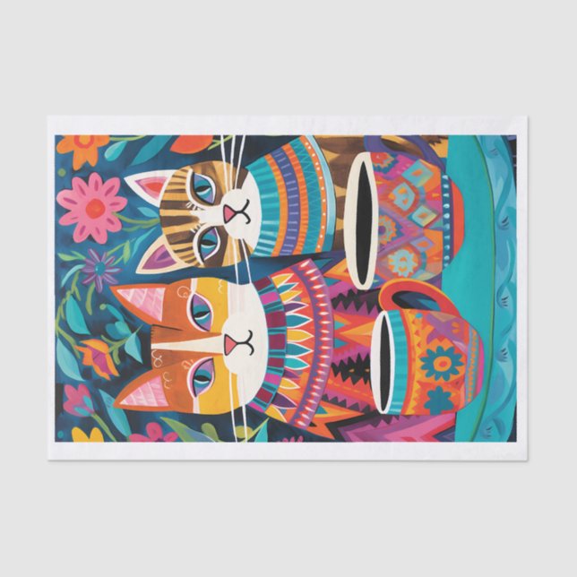 Colorrful Cats Folk Art Style Decoupage Tissue  Paper (Front)