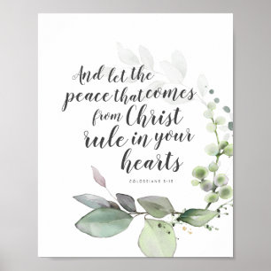 Colossians 3:15 Verse Art with Botanical Wreath Poster