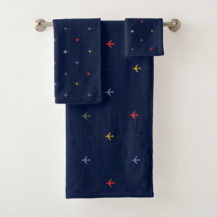 Colour Aeroplanes Aligned Side by Side on Dark Blu Bath Towel Set