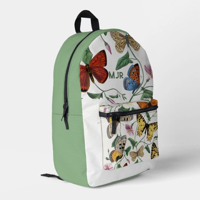 Colour block Butterflies Olive Green Printed Backpack (Back Corner Left)
