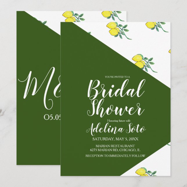 Colour Block Citrus Lemon Watercolor Bridal  Showe Invitation (Front/Back)