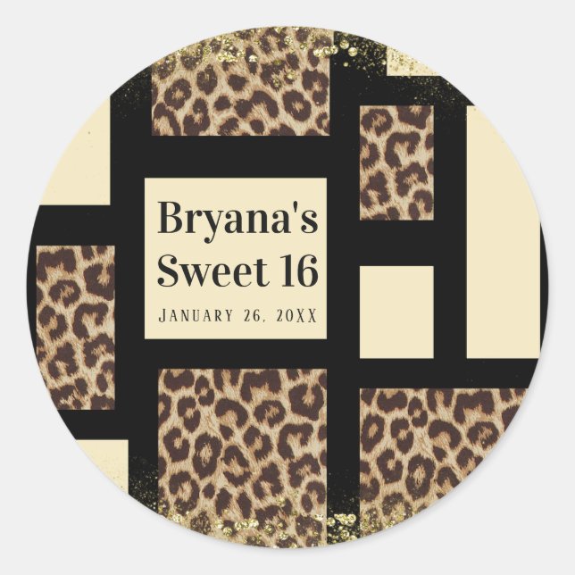Colour Block Cream Ivory Black & Leopard Cheetah Classic Round Sticker (Front)