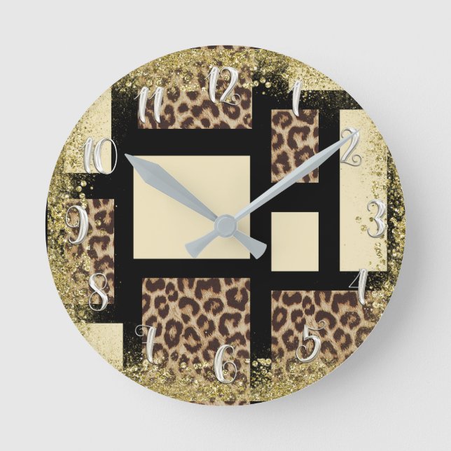 Colour Block Cream Ivory Black & Leopard Cheetah Round Clock (Front)