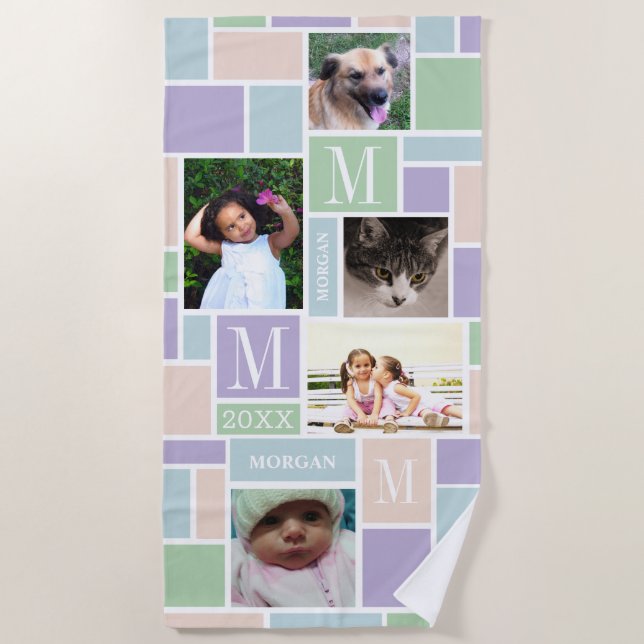 Colour Block Fun Pastels Personalised 5 Photo Beach Towel (Front)
