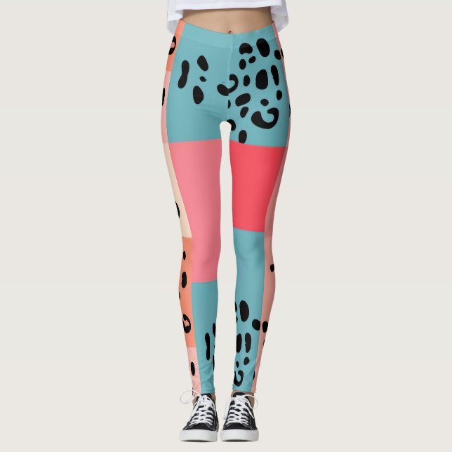 Colour Block Leopard Print Pattern Leggings (Front)