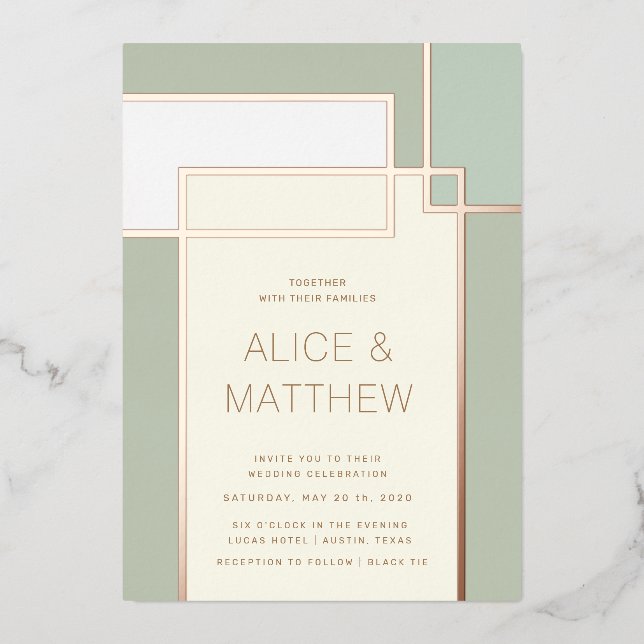 colour block mid century modern wedding foil invit (Front)