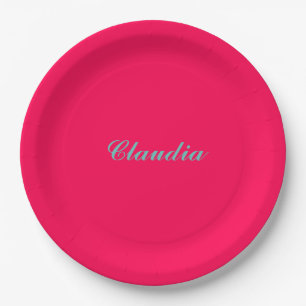 Colour block monogram on hot fuchsia pink paper plate