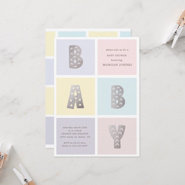 Colour Block Pastel Silver Baby Shower Invitation (Front/Back In Situ)