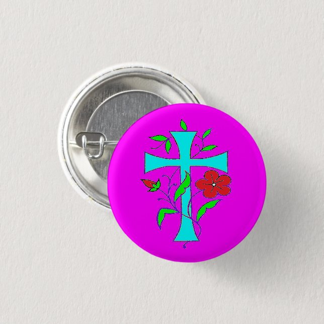 Colour blushing pink with red flowers blue cross 3 cm round badge (Front & Back)